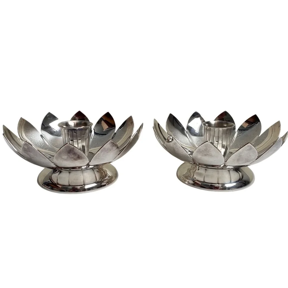 VTG MCM REED & BARTON Water Lily Lotus Flower Silverplate Candle Holder Set of 2